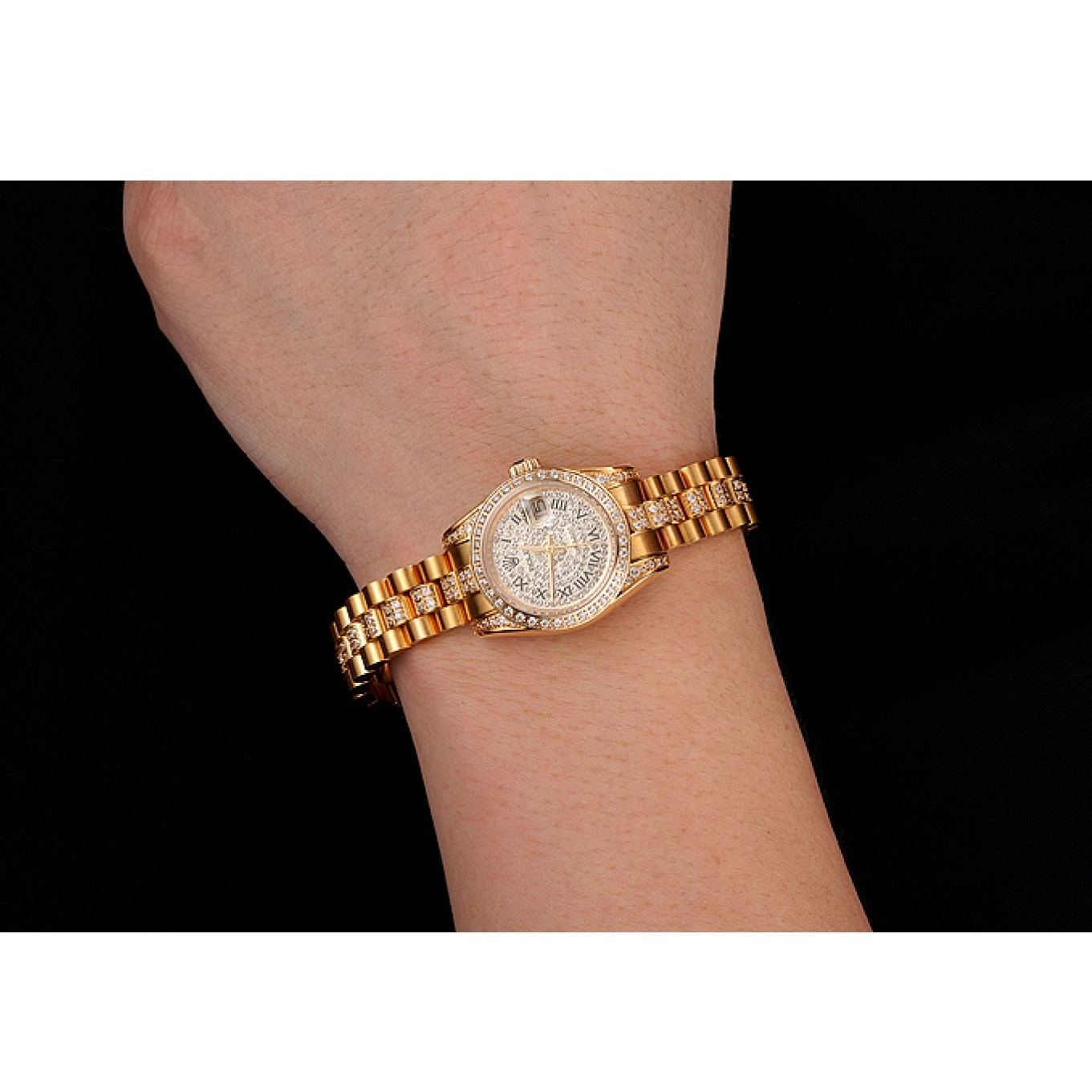 AAA Replica Watches Bracelet Diamond Dial 1453955 Swiss DayJust Pave Rolex Gold Diamond 0825